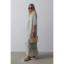Janes Çizgili Oversize V Yaka Elbise - Haki