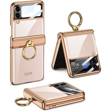 Galaxy Uyumlu Z Flip 4 Kılıf Zore Kıpta Yüzüklü Lens Korumalı Kapak-Gold