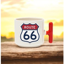 Route 66 Tasarımlı Kırmızı T Kulplu Seramik Baskılı Kupa Bardak 250 ml