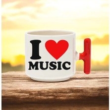 I Love Music Tasarımlı Kırmızı T Kulplu Seramik Baskılı Kupa Bardak 250 ml