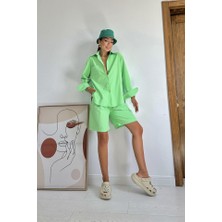 Trend Befaon Fıstık Yeşili Önü Cepli Gömlek ve Şort Takım