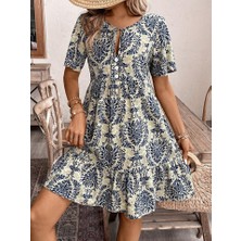 Trend Befaon Kadın Kısa Kollu Yakadan Bağcıklı Desenli Fırfırlı Süprem Elbise