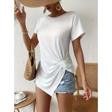 Trend Befaon Kadın Kısa Kollu Asimetrik Kesim Bel Büzgü Düğüm Detay Viskon Bluz