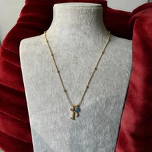 Gold Çelik T Harfli Nazar Boncuklu Kolye