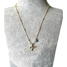 Gold Çelik Y Harfli Nazar Boncuklu Kolye