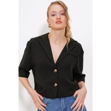 Modavera Siyah Çift Düğmeli Oversize Crop Keten Ceket 0706