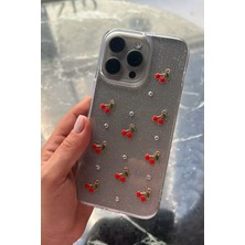 Apple iPhone 16 Pro Uyumlu Epoksi Kiraz Desenli Şeffaf Kılıf Simli Darbeye Karşı Dayanıklı Kapak