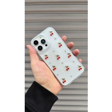 Apple iPhone 16 Pro Uyumlu Epoksi Kiraz Desenli Şeffaf Kılıf Simli Darbeye Karşı Dayanıklı Kapak