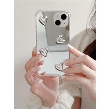 Iphone 13/14 Uyumlu Aynalı Kılıf Gümüş Kalp Tasarımlı Darbelere Karşı Dayanıklı Esnek Kapak