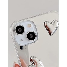 Iphone 13/14 Uyumlu Aynalı Kılıf Gümüş Kalp Tasarımlı Darbelere Karşı Dayanıklı Esnek Kapak