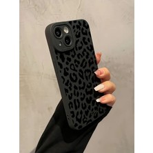 Iphone 15 Plus / 14 Plus Uyumlu Kılıf Mat Siyah Leopar Desenli Yumuşak Kamera Korumalı Kapak