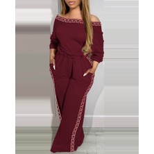 Trend Befaon Kadın Uzun Kollu Omuzlardan Açık Beli Lastikli Cepli Şerit Desenli Viskon Iki Iplik Tulum