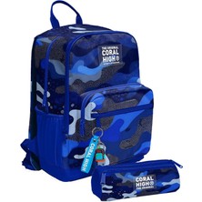 Coral High Erkek Çocuk Dört Gözlü Okul Sırt Çantası ve Kalemlik Seti - Mavi Lacivert Kamuflaj - Ilkokul ve Ortaokul Için Uygun