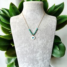 Yuvarlak Yıldız Uçlu Mavi Detaylı Çelik Kolye