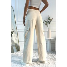 Kadın Yüksek Bel Wide Leg Bej Kargo Jean Pantolon