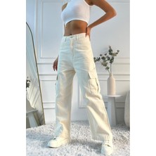 Kadın Yüksek Bel Wide Leg Bej Kargo Jean Pantolon