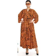 Büyük Beden Leopar Desenli Yazlık Pamuklu Viskon Kumaş Balon Kol Tesettür Elbise