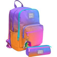 Coral High Kız Çocuk Dört Gözlü Okul Sırt Çantası ve Kalemlik Seti - Turuncu Mor Renk Geçişli - Ilkokul ve Ortaokul Için Uygun
