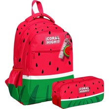 Coral High Üç Bölmeli Ilkokul Sırt Çantası ve Iki Bölmeli Kalemlik - Erkek Çocuk - Kırmızı Yeşil Karpuz