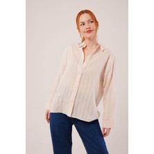 Trend Befaon Düğmeli ve Çizgi Detaylı Krem Gömlek