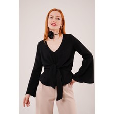 Trend Befaon Ön Bağlamalı Volan Kol Siyah Bluz