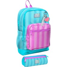 Coral High Ilkokul Kız Çocuklarına Özel Dört Gözlü Sırt Çantası ve Kalemlik Seti- Turkuaz Pembe Çizgili