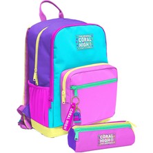 Coral High Kız Çocuk Dört Gözlü Okul Sırt Çantası ve Kalemlik Seti - Mor Yeşil Pembe Çok Renkli - Ilkokul ve Ortaokul Için Uygun