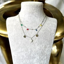 Ikili Kristal Taşlı Yuvarlak Uçlu Zarif Çelik Kolye