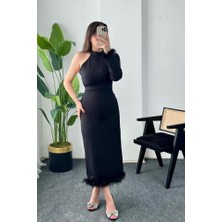 Trend Befaon Siyah Eteği Tüllü Tek Kol Elbise