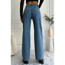 Kadın Yüksek Bel Wide Leg Mavi Jean Pantolon