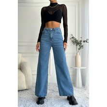 Kadın Yüksek Bel Wide Leg Mavi Jean Pantolon