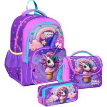 Coral High Üç Bölmeli Mor Pembe Dondurma Unicorn, Kız Çocuk, Ilkokul Üçlü Okul Çanta Seti