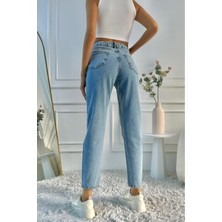 Kadın Yüksek Bel Mom Fit Mavi Jean Pantolon