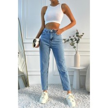 Kadın Yüksek Bel Mom Fit Mavi Jean Pantolon