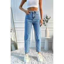 Kadın Yüksek Bel Mom Fit Mavi Jean Pantolon