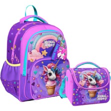 Coral High Kız Çocuklara Özel Ilkokul Çantası ve Beslenme Çantası Takım - Mor Pembe Dondurma Unicorn