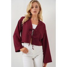 Önü Bağlamalı Keten Kimono 960 - Bordo