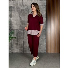 Trend Befaon Kadın Modal Kumaş Çizgili Gömlek Yaka Ikili Takım