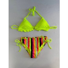 Kadın Neon Sarı Renk Desenli Boyundan Bağlamalı Bikini Takım HZL25S-LC3350