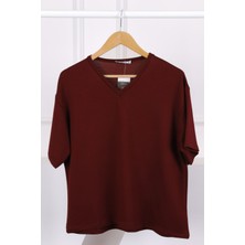 Bordo V Yaka Kısa Kol T-Shirt