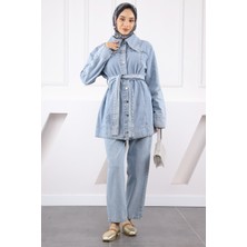 Mavi Bel Kuşaklı Kot Ceket Pantolon Takım