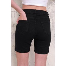 Kadın Likralı Düz Paça Denim Kısa Şort