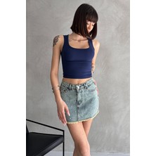 Taşlı Püsküllü Eskitme Mini Denim Etek