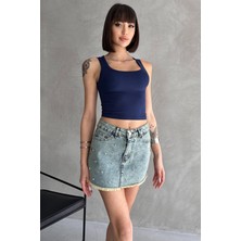 Taşlı Püsküllü Eskitme Mini Denim Etek