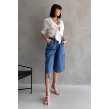 Diz Altı Geniş Kesim Tek Cepli Denim Bermuda