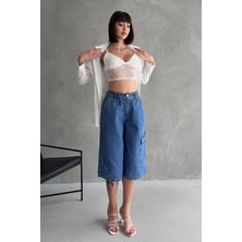 Diz Altı Geniş Kesim Tek Cepli Denim Bermuda