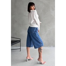 Diz Altı Geniş Kesim Tek Cepli Denim Bermuda