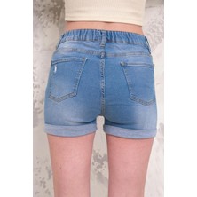 Kadın Likralı Duble Paça Yıpratmalı Denim Mini Şort