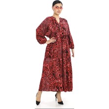 Büyük Beden Leopar Desenli Yazlık Pamuklu Viskon Kumaş Balon Kol Tesettür Elbise