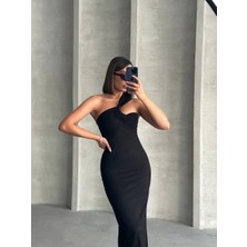 Krinkıl Tek Omuz Uzun Elbise Siyah S25455